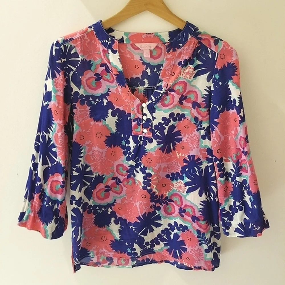Lilly Pulitzer Lightweight Pink & Blue Floral Tunic Top Sz XS-S - Picture 4 of 11